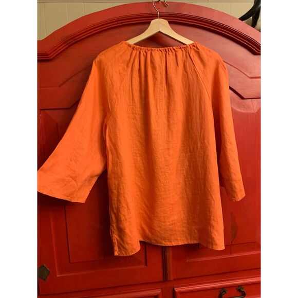 NWT Chico's Size 2 Large 12 Orange Linen Peasant Top Gold Lace Trim Tunic Boho - Picture 3 of 4